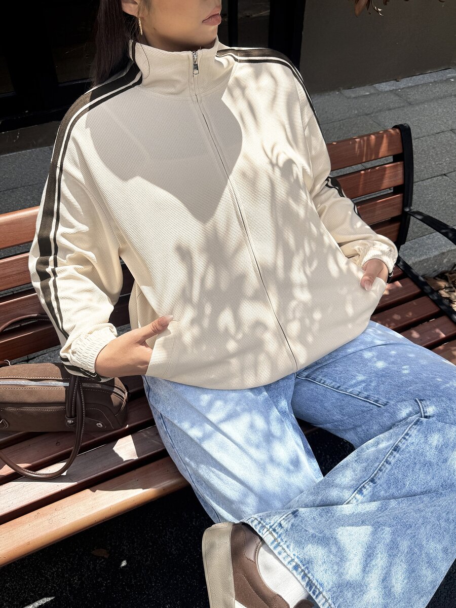 Muchica Plus Size Women's Colorblock Zipper Casual Everyday Long Sleeve Jacket - Apricot - View 1