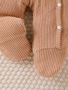 SHEIN 新生兒女嬰 3件組 秋冬長袖連身包屁衣 羅紋針織 可愛熊圖案 前開扣式連身衣 - 彩色 - 查看 5