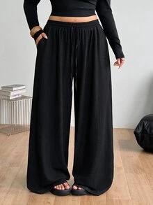 Coolane 女款大尺碼夏秋度假優雅正式休閒波西米亞風抽繩腰鬆身長褲 高腰巧克力黑 - 黑色 - 查看 8