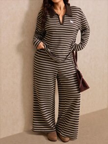 Elaquor Plus Size Women's Striped Equestrian Pattern Long Sleeve Top And Pants Casual Daily 2 Pieces Set - Multicolor - View 1