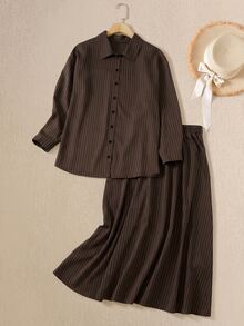 Rusticease Plus Size Women's Striped Long Sleeve Single-Breasted Shirt And Skirt Casual 2 Pieces Set - Brown - View 2