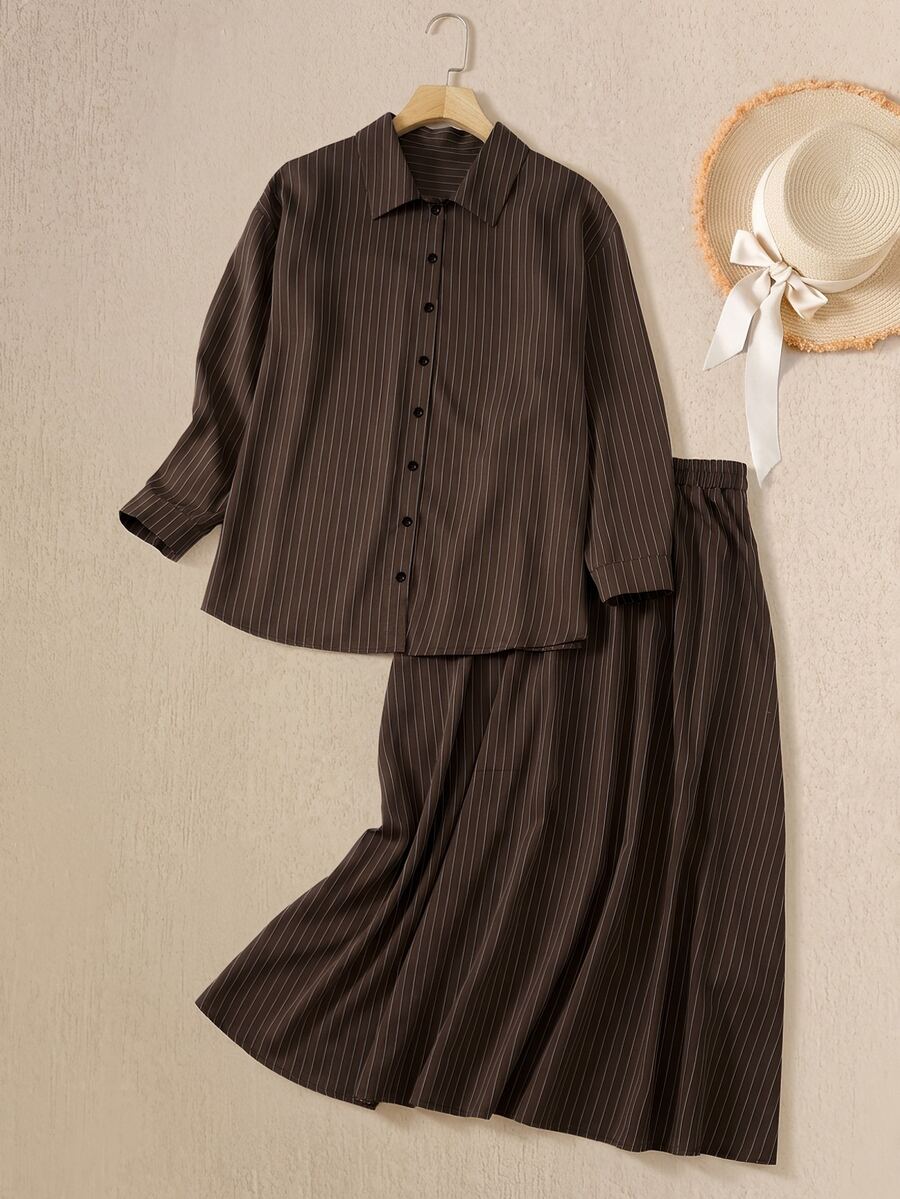Rusticease Plus Size Brown Button Front Pleated Lapel Collar Long Sleeve Two Piece Set Elegant Formal Fall Winter 2026 - Brown - View 1
