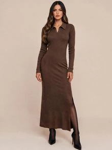 Amorya Women's Solid Color Lapel Long Sleeve Side Slit Hem Elegant Long Dress - Coffee Brown - View 6