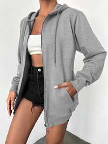 EURMUSE Plus Size 100%Cotton Solid Zip Up Drawstring Hoodie - Light Grey - View 4