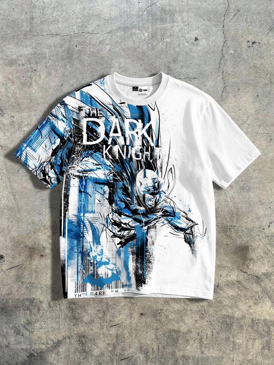 BATMAN X SHEIN Manfinity EMRG 男士塗鴉字母印花對比色短袖圓領T恤 - 彩色 - 查看 1