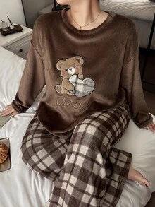 Napfluff CURVE Napfluff CURVE Cute Cartoon Bear Plush Home Wear, Fashion Plaid Casual Pajama 2 Pieces Set - Brown - View 7