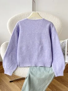 SHEIN 少女米色開襟衫，秋季休閒度假返校簡約舒適圓領長袖蝴蝶結少女冬季毛衣，波點 - 藍色 - 查看 2