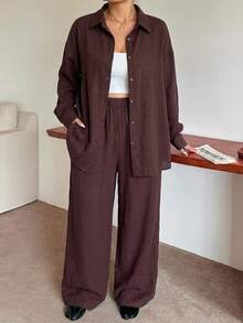 Dazy Plus Fun Commute Office Casual Solid Color Loose Fit Spring/Autumn New 2 Pieces Set - Brown - View 4
