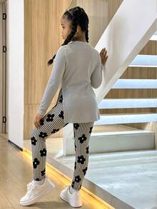 Tween Girls Loose Long Tween Girl Sleeve Side Slit Tight Winter Leggings 2 Pieces Set With Cartoon Pattern - Grey - View 2