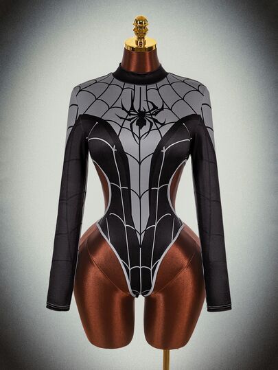 Amplova Women's Spider Print Long Sleeve Halloween Bodysuit Sexy Streetwear