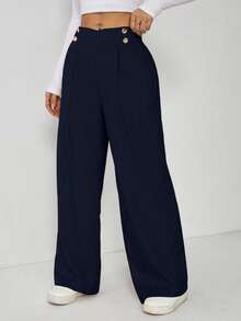 SHEIN PETITE Women's Elegant Double Button Straight Office Pants - Dusty Blue - View 5