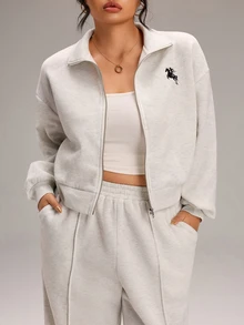 EMERY ROSE Plus Size Women's Equestrian Print Zip-Up Hoodie And Pants Casual 2 Pieces Set - Grey - View 3