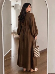 Solavon Plus Size Women's Solid Color Pleated Casual Party Arabian Dress - Camel - View 2