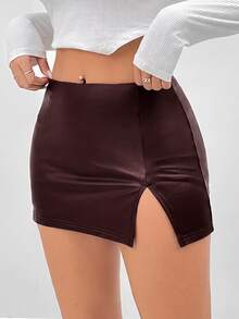 SHEIN PETITE PU高彈性皮革低腰迷你裙 - 棕色 - 查看 5