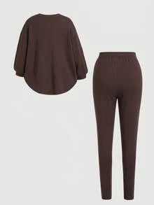 SHEIN 女童簡約百搭寬鬆T恤與內搭褲休閒套裝 - 咖啡棕 - 查看 5