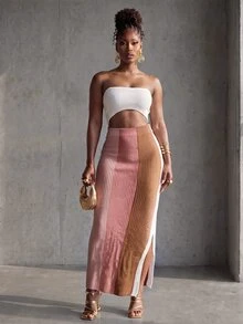 BamGlimmer Women's Fashion Striped Colorblock Side Slit Knit Dress - Pink - View 4