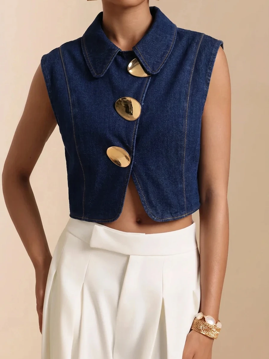 Selenza Women's Metal Buckle Casual Daily Denim Top - Blue - View 1