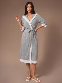 Lazeform Women's Gray Casual Loose Hooded Waffle Knit Lace Trim Short Robe - رمادي - مشاهدة 7
