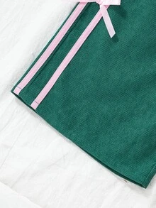 Girls Corduroy Overalls, Cute Bow Ribbon Side Stripe Wide Leg Jumpsuit Autumn Winter Pants - Green - View 8