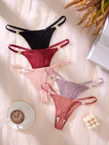 SHEIN 女款簡約多色丁字褲 5件組，適合夏季 - 彩色 - 查看 1