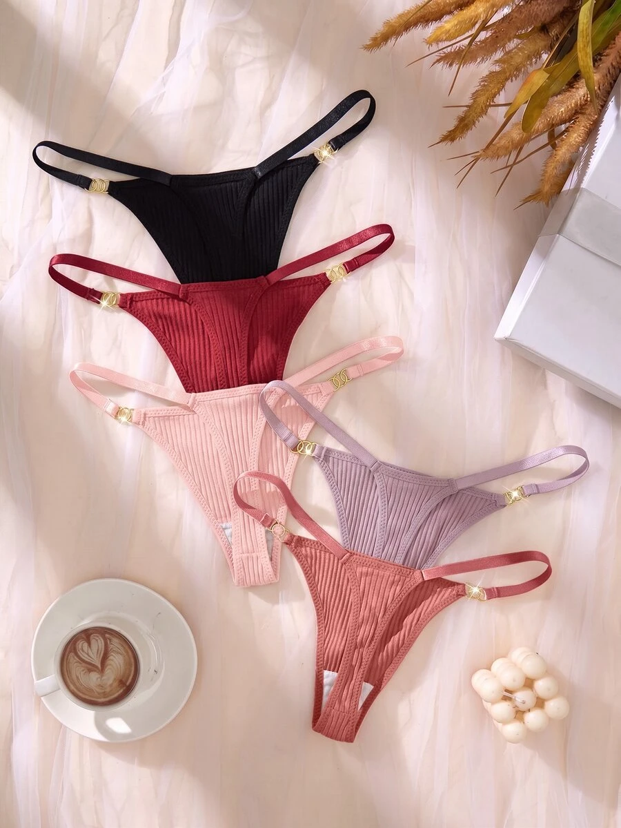 SHEIN 女款簡約多色丁字褲 5件組,適合夏季 - 彩色 - 查看 1