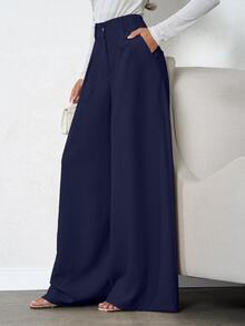 EURMUSE بنطلون كتان بيج بطيات عميقة للنساء الطويلات مقاس كبير 100% قطن - أزرق بحري - مشاهدة 4