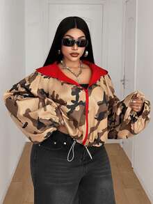Maweii New Printed Loose Casual Colorblock Short Long Sleeve Jacket - Army Green - View 4