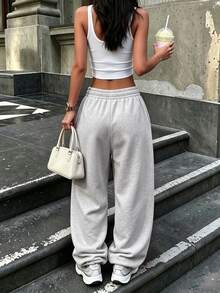 SuriyaCove Women's Loose Wide Leg Solid Color Elastic Waist Casual Sweatpants - Light Grey - View 2