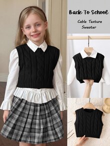 SHEIN Young Girl Ribbed Knit Sweater Vest With Cable Texture, Elegant & Cute, High Quality, Warm & Soft - Black - View 10