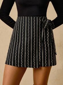 Freevana Women Boho Striped Floral Wrap Mini Skirt With Side Tie Knot And Asymmetrical Hemline - Black - View 3