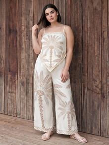 CAJUNI Plus Size Women's Coconut Tree Print Cami Top And Pants Casual Everyday Set - Beige - View 5