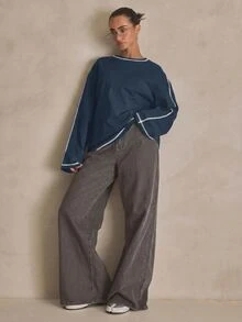 MUSERA Washed Oversized Long Sleeve Top Summer, Sporty, Casual, Day, Streetstyle, Streetwear Spring - 藏蓝色 - 查看 4