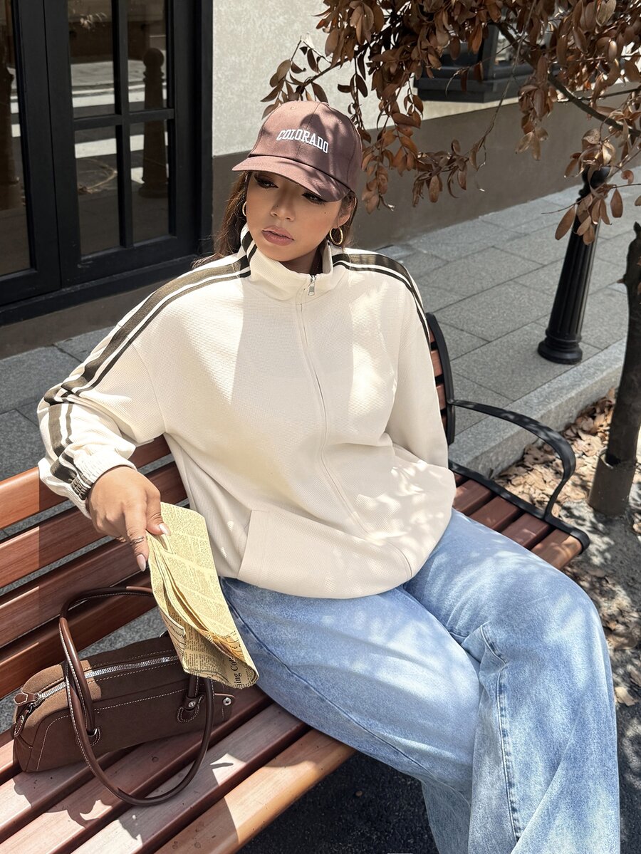 Muchica Plus Size Women's Colorblock Zipper Casual Everyday Long Sleeve Jacket - Apricot - View 1