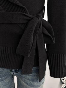 Elamini Sexy Style Deep Brown Oversized Collar Cross Waist Tie Women's Sweater - Black - View 7