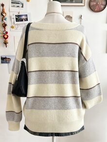 Lalippa 女款條紋V領落肩長袖寬鬆休閒毛衣 - 彩色 - 查看 2