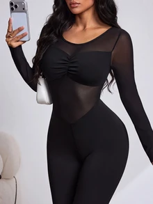 Slayform Slayform Women's Solid Color Contrast Mesh Long Sleeve Ruched Athletic Jumpsuit - Black - View 6