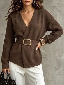 GlowEve Women's Gray V-Neck Asymmetrical Hem Sweater, Spring/Autumn New Style Lace-Up Waist Knitted Cardigan Top, Versatile Daily Wear - Coffee Brown - View 5