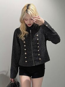 FRIFUL Women's Long Sleeve Zip-Up Button Design Casual Napoleon Jacket - Black - View 3