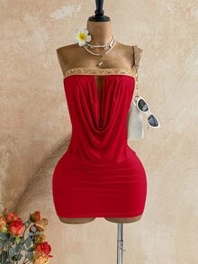 Ure Wave Vestido mini de mujer semitransparente sexy y elegante para fiesta, reunión, vacaciones, playa, estilo bohemio occidental, festival de música, con lentejuelas, patchwork, punto, bandeau y cuello drapeado, atuendo de vacaciones, vestido elegante, vestido de cumpleaños - Rojo - Ver 6