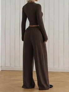 SHEIN EZwear طقم نسائي بلون موحد بأكمام طويلة و بنطال كاجوال للاستخدام اليومي - بني - مشاهدة 2