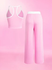Mean Girls | SHEIN Women's Letter Print Tank Top And Waist Tie Long Pants Casual Two Pieces Set - Baby Pink - View 2