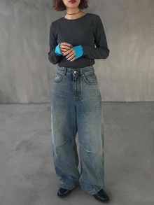 FRIFUL 女款對比色圓領長袖透視蕾絲布料層次感休閒百搭上衣，秋冬款 - 灰色 - 查看 5