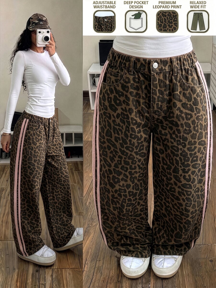 SHEIN 女童休閒街頭風可愛青少年Y2K豹紋直筒牛仔褲,寬鬆寬腿褲配粉色側條撞色,返校秋季款 - 棕色 - 查看 1
