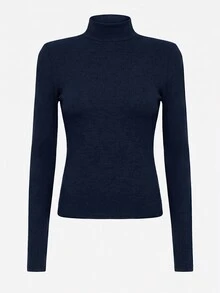 SHEIN BASICS 女款純色高領長袖修身休閒百搭T恤 - 藏蓝色 - 查看 6