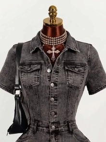 Mistrie Women's Short Sleeve Single-Breasted Cargo Pocket Casual Denim Romper - Grey - View 2