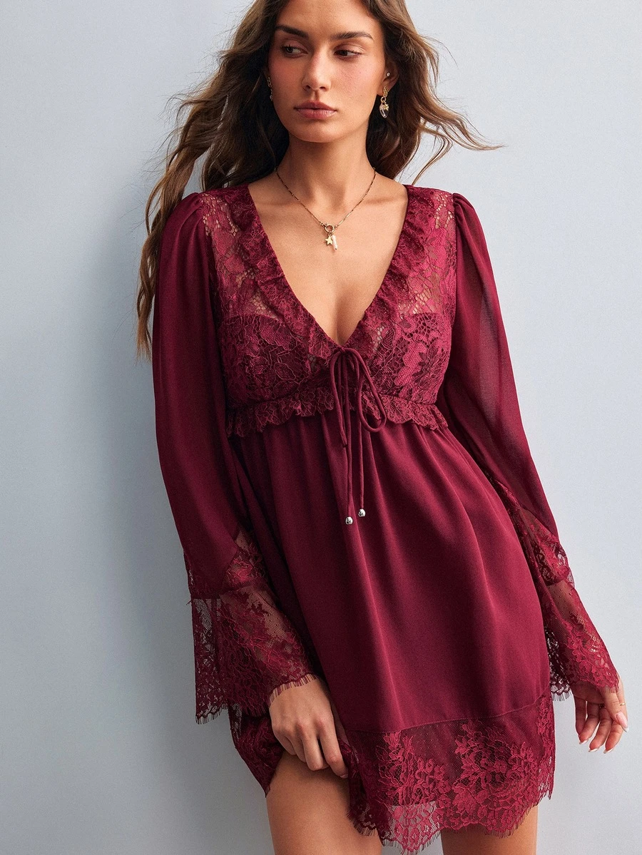 Willow Rêve Gaun Mini Merah Patchwork Renda Wanita - Burgundy - View 1