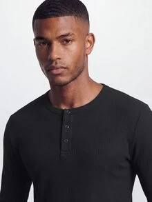 TekDrob Ribbed Henley T-Shirt With Long Sleeves And Far Infrared Heating Effect - Black - View 6
