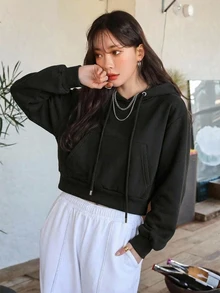 DAZY Women's Solid Color Cropped Sweatshirt - Black - View 6