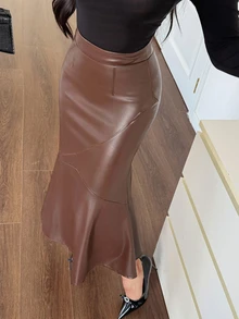 DAZY 秋冬高腰咖啡色PU皮革魚尾下擺修身顯瘦優雅約會通勤女款裙 - 咖啡棕 - 查看 5