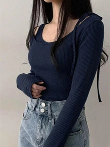 DAZY 女款繫帶式不對稱肩長袖時尚修身休閒T恤 - 藏蓝色 - 查看 3